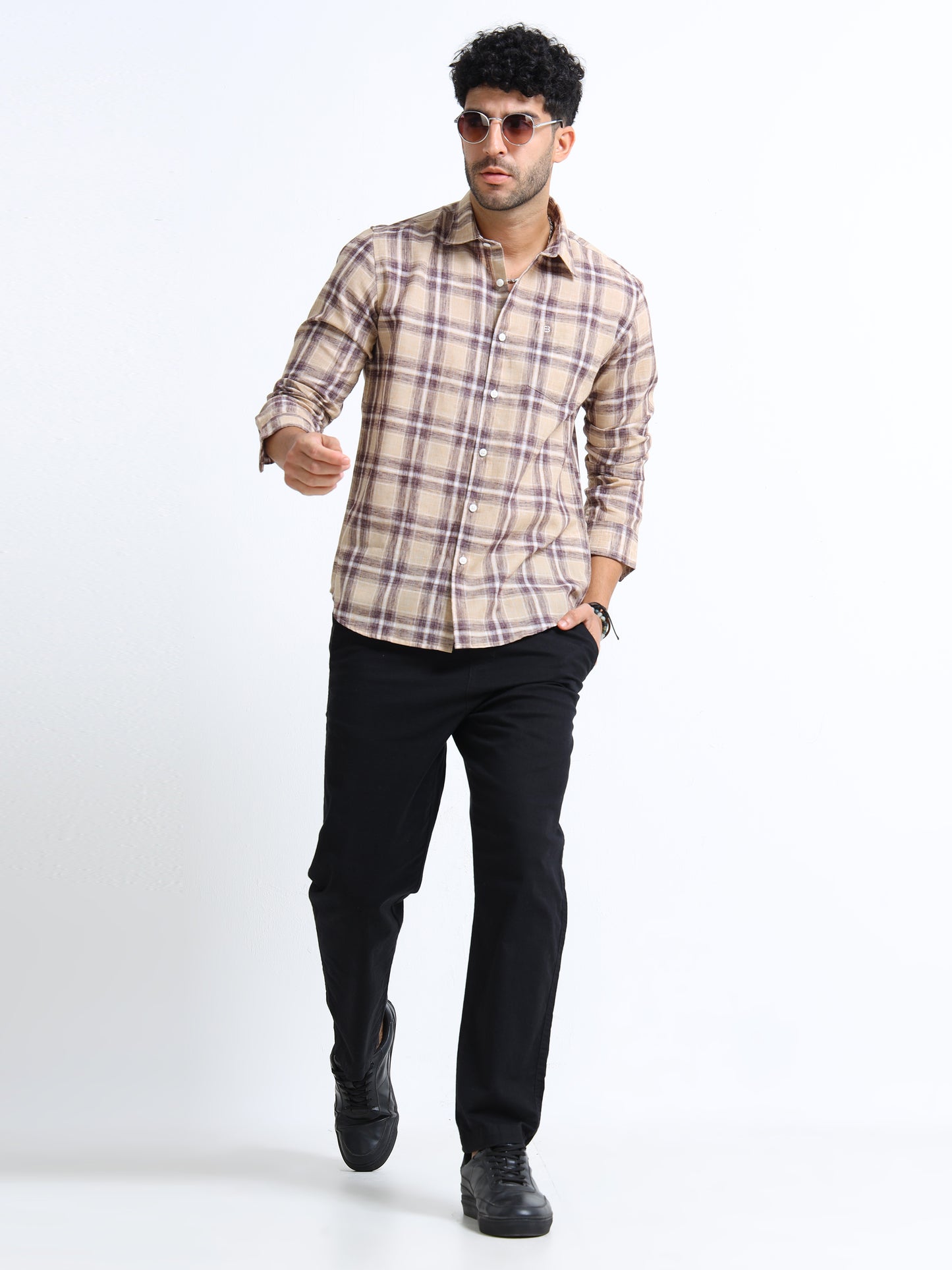 Beige Checks Italian Cotton Linen Blend Shirt