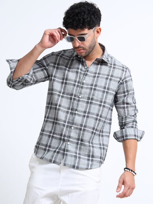 Light Grey Checks Linen Blend Shirt