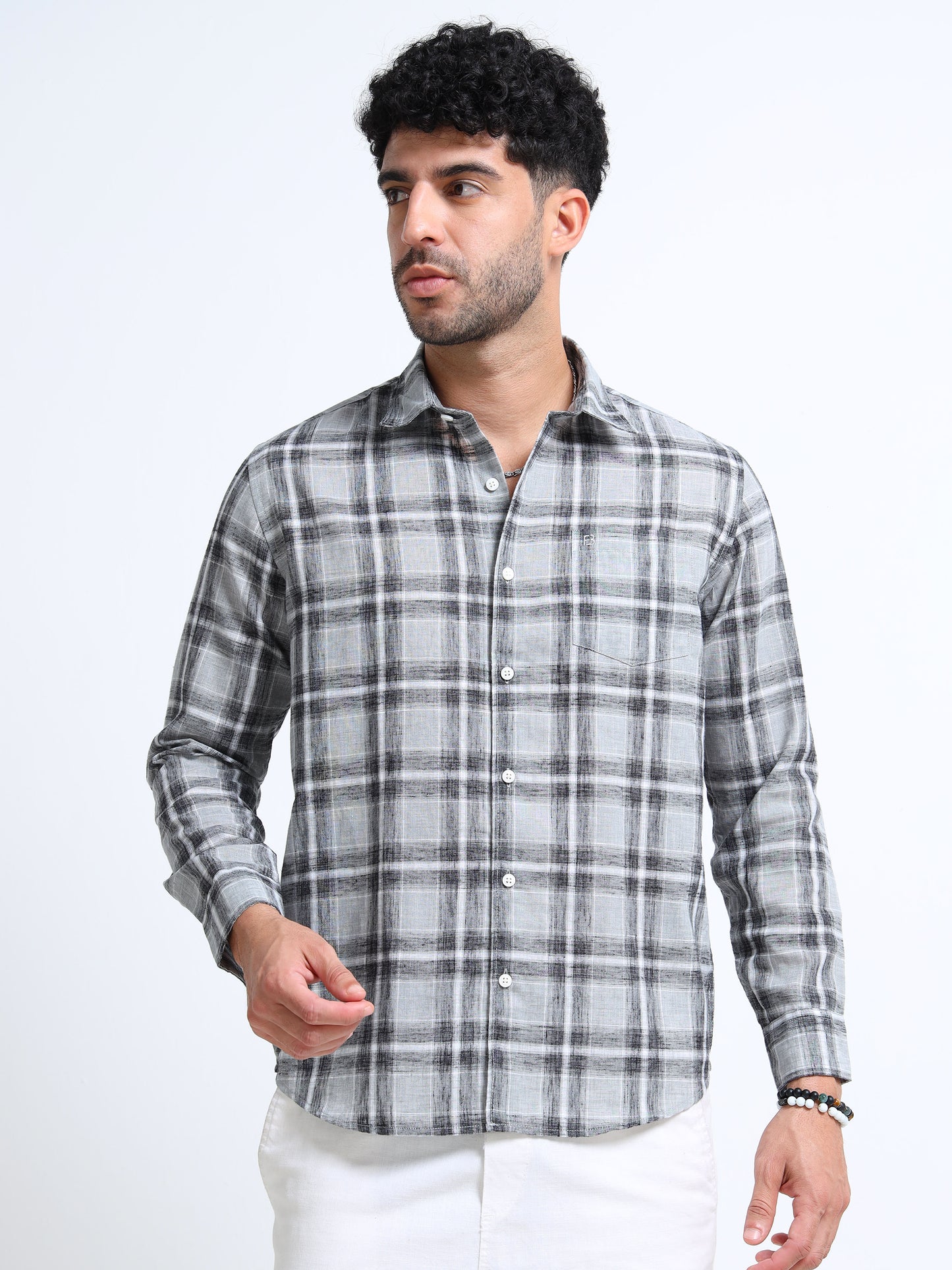 Light Grey Checks Linen Blend Shirt
