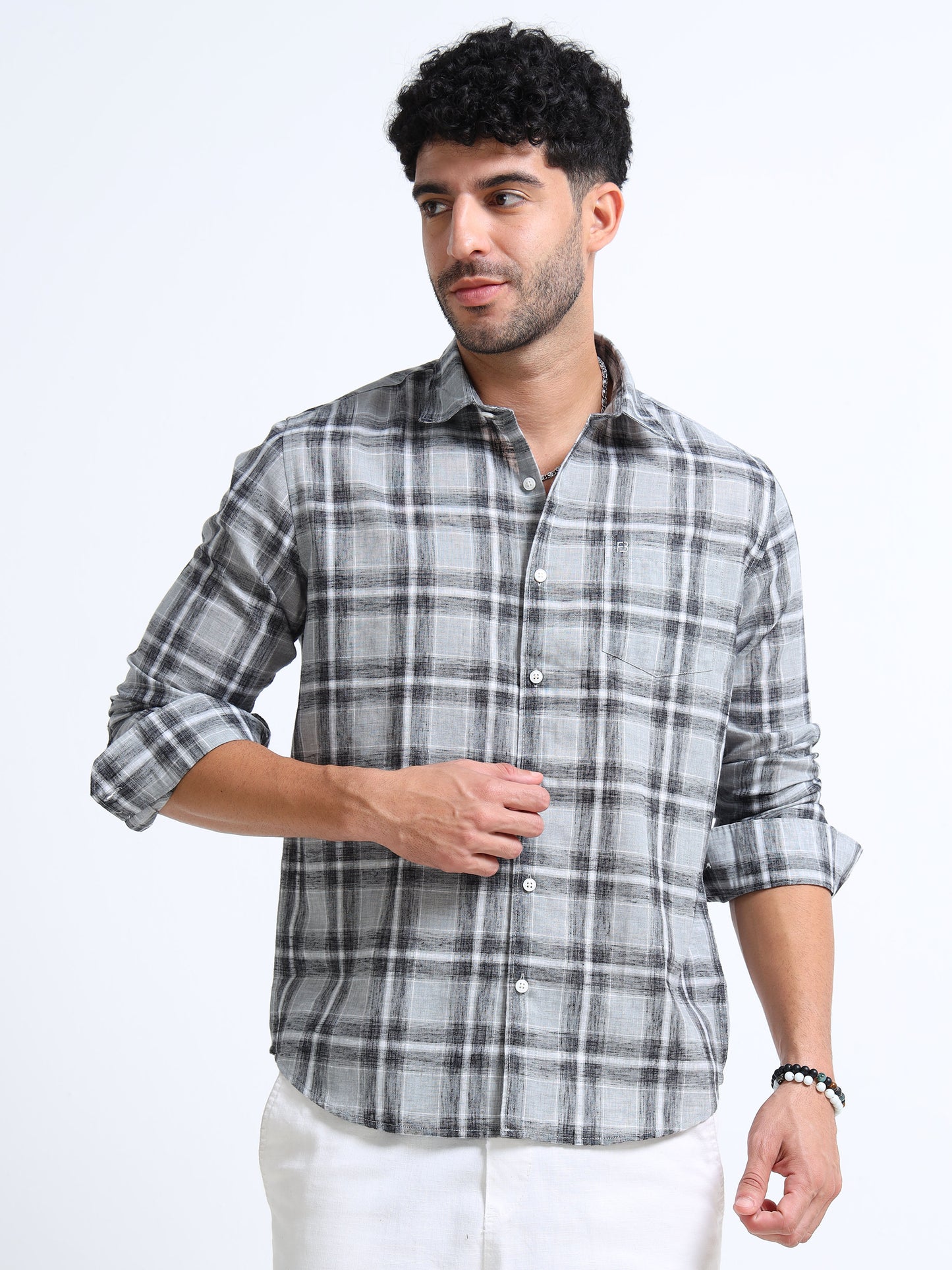 Light Grey Checks Linen Blend Shirt