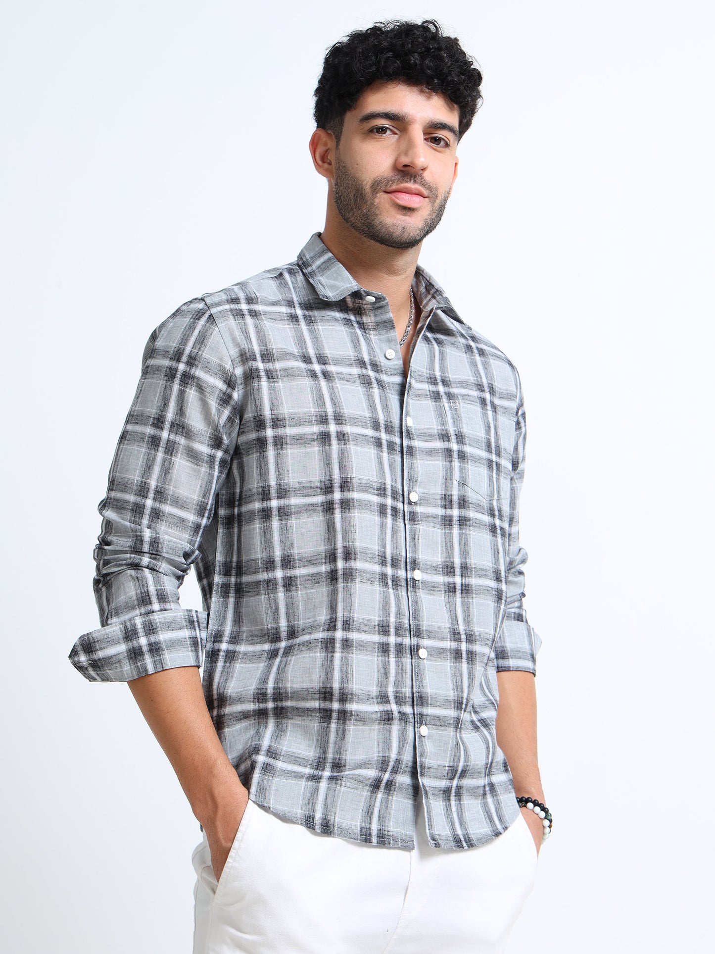Light Grey Checks Linen Blend Shirt