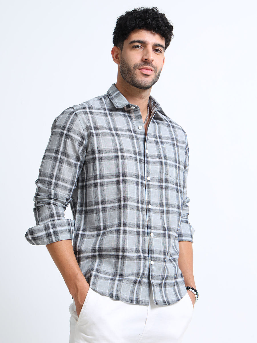Light Grey Checks Linen Blend Shirt