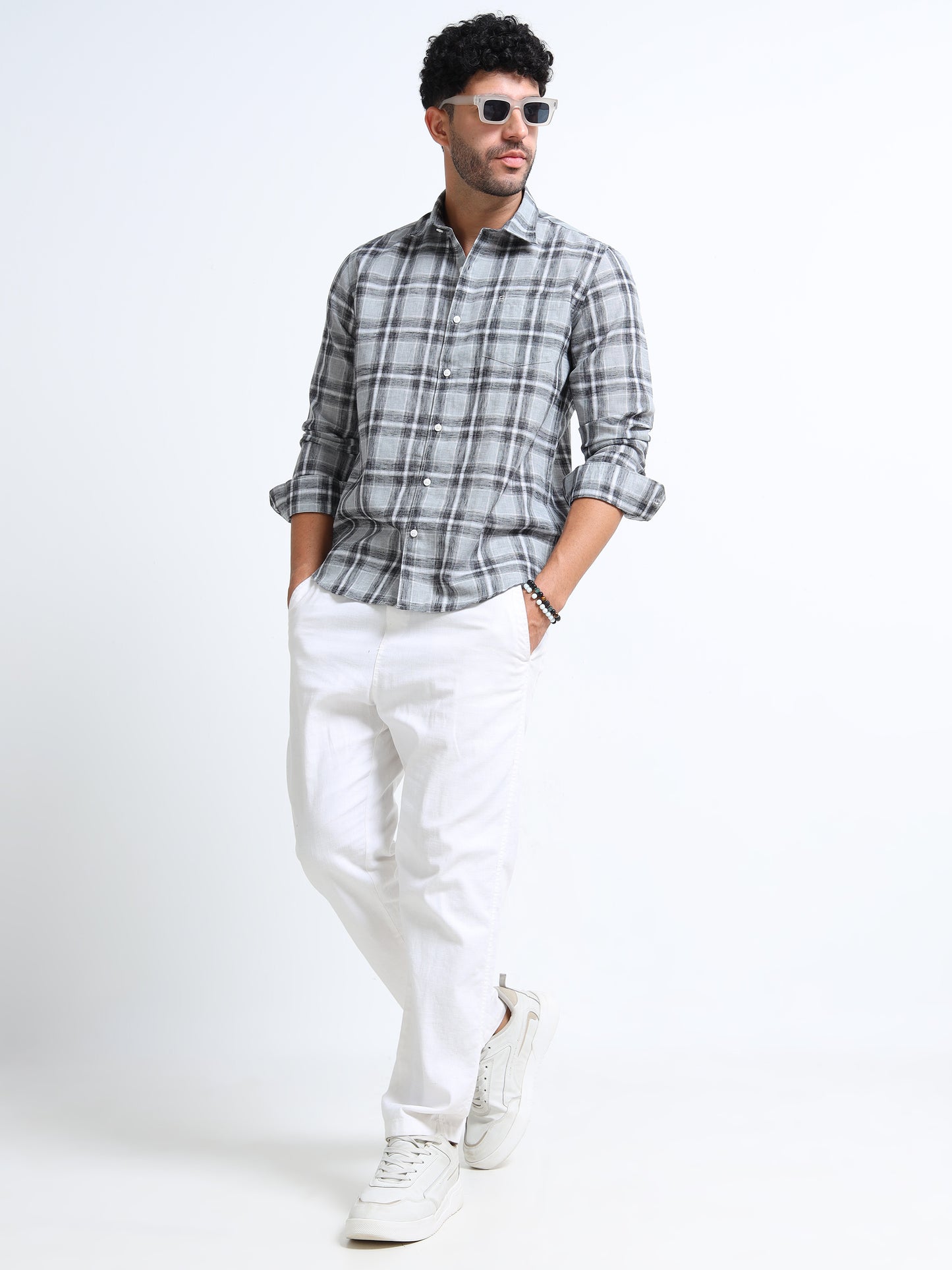 Light Grey Checks Linen Blend Shirt