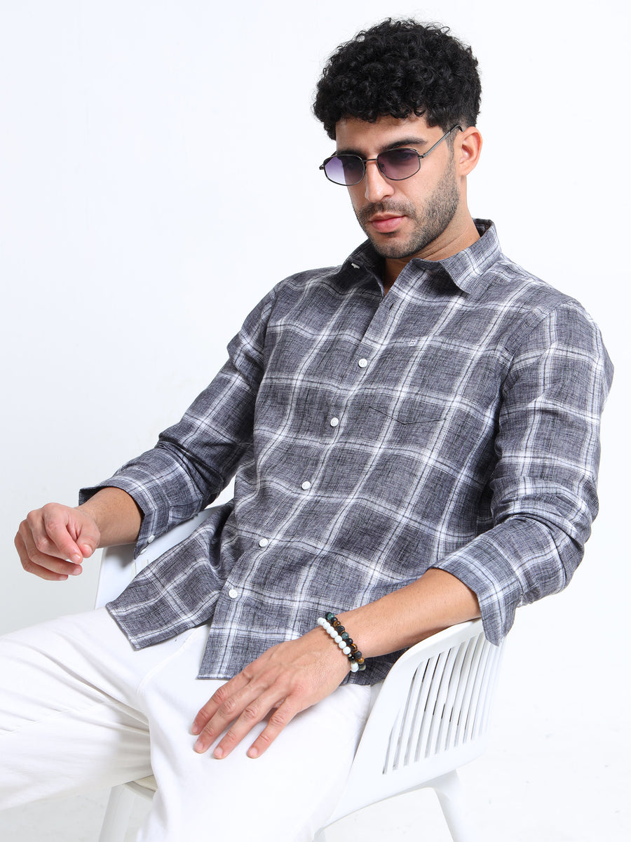 Charcoal Checks Italian Cotton Linen Blend Shirt