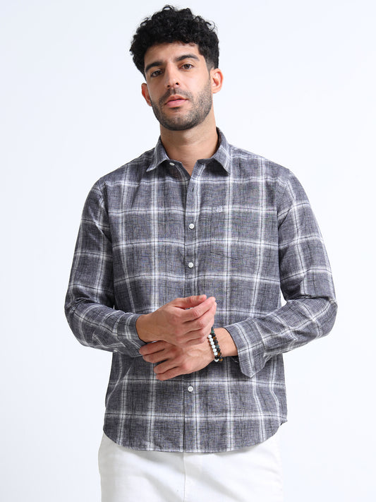 Charcoal Checks Italian Cotton Linen Blend Shirt