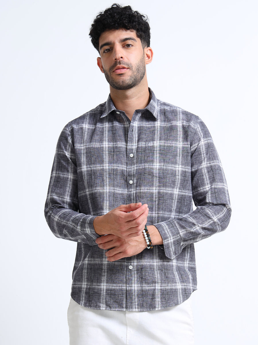 Charcoal Checks Italian Cotton Linen Blend Shirt