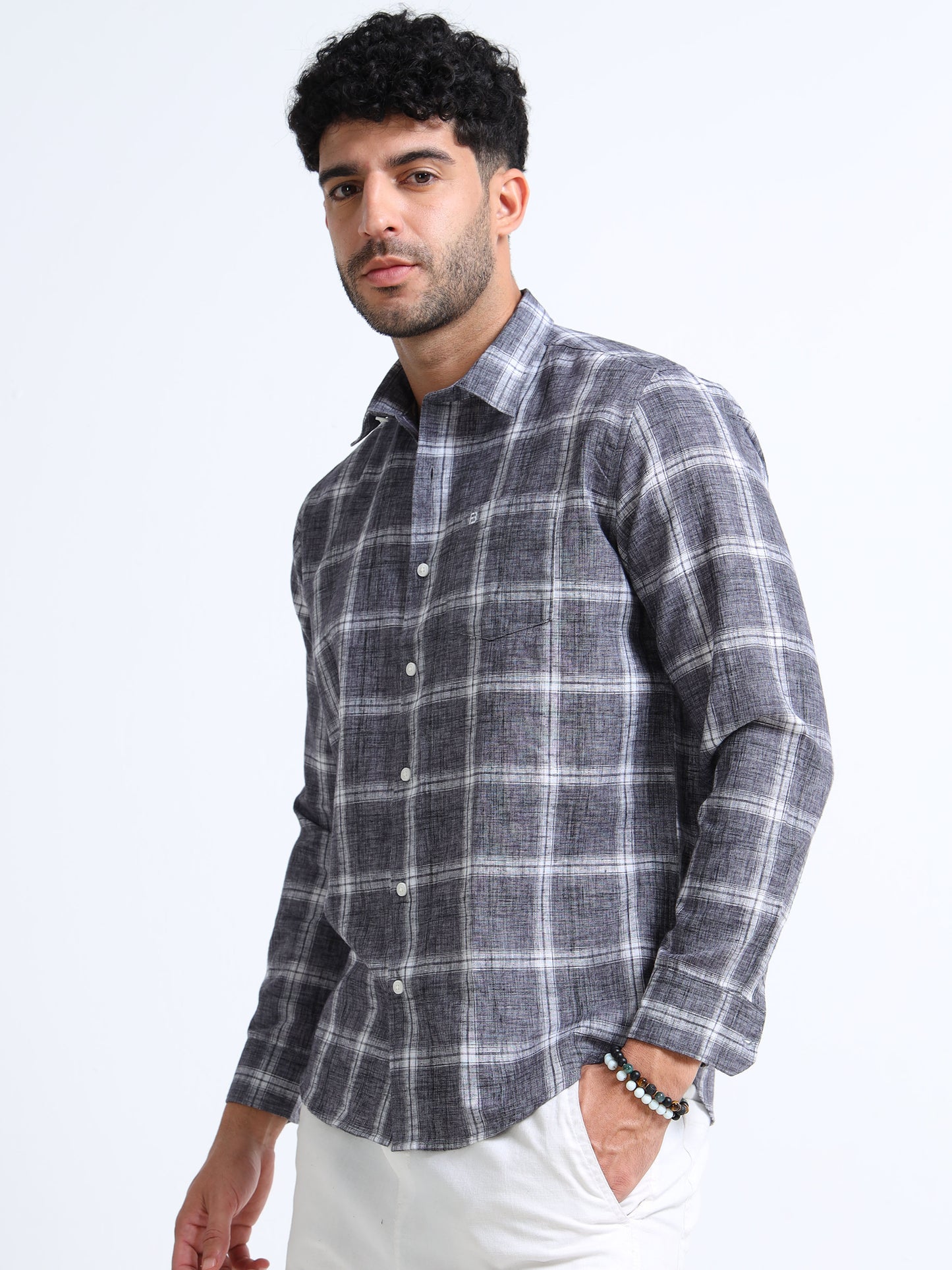 Charcoal Checks Italian Cotton Linen Blend Shirt