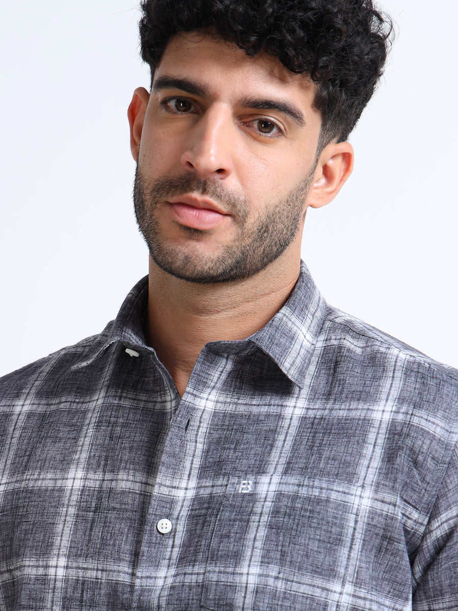Charcoal Checks Italian Cotton Linen Blend Shirt