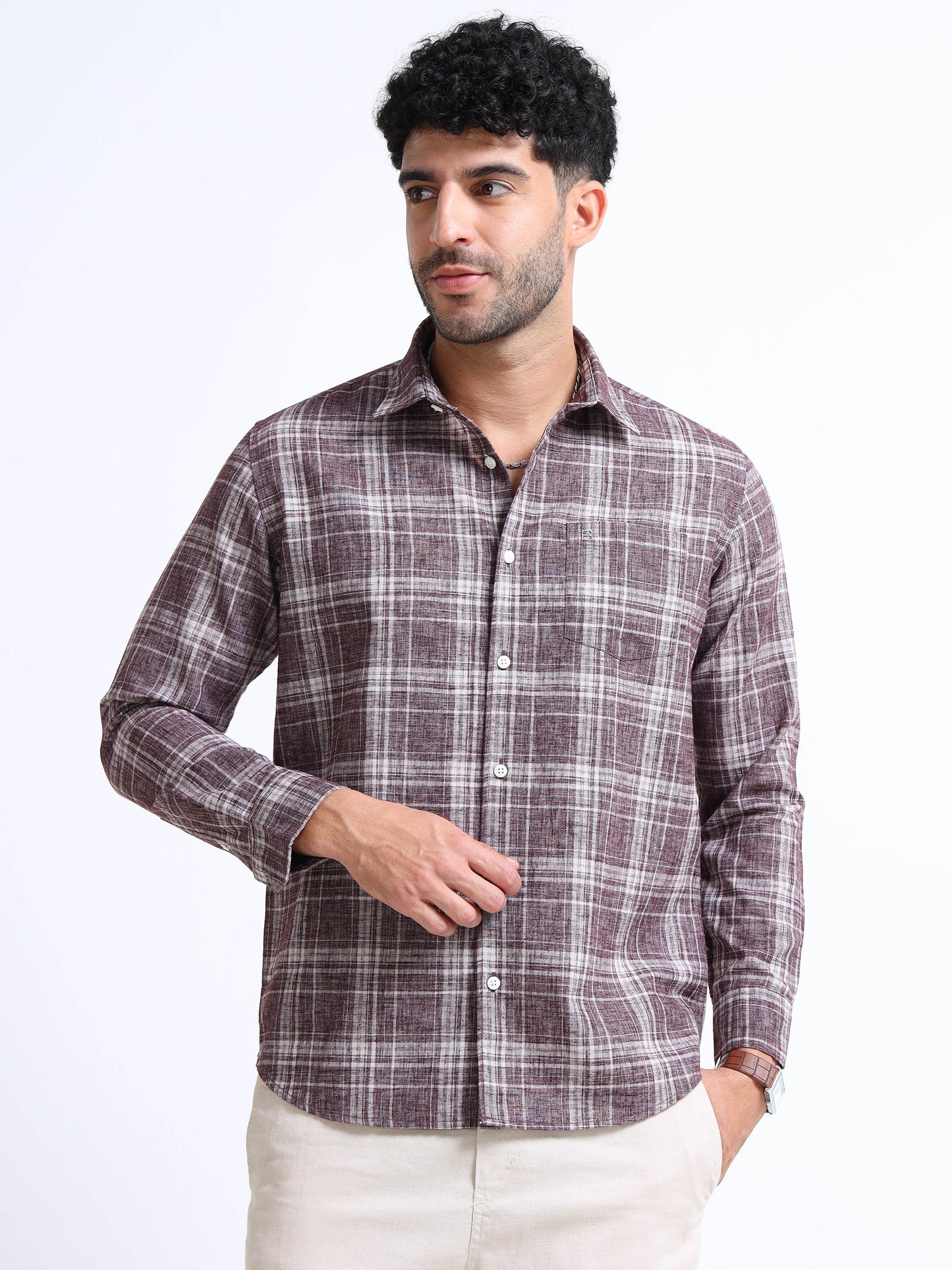 Maroon Checks Linen Blend Shirt