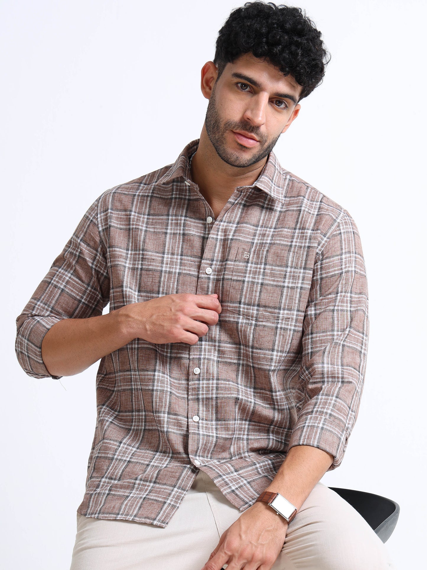 Coffee Checks Italian Cotton Linen Blend Shirt