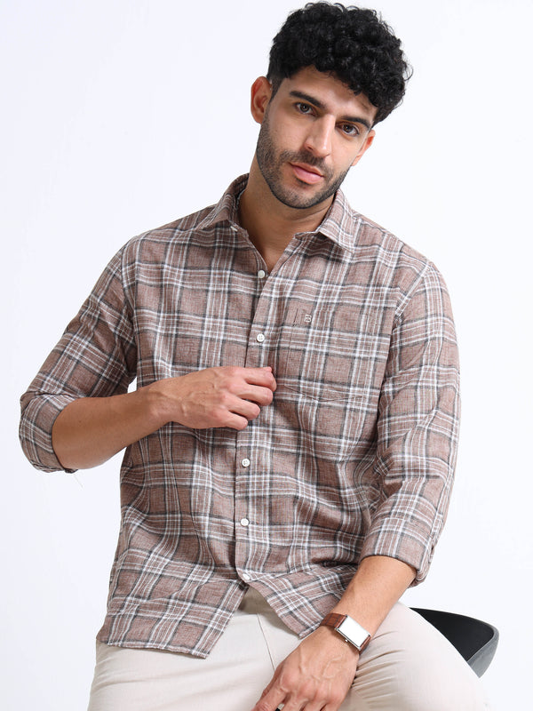 Coffee Checks Italian Cotton Linen Blend Shirt