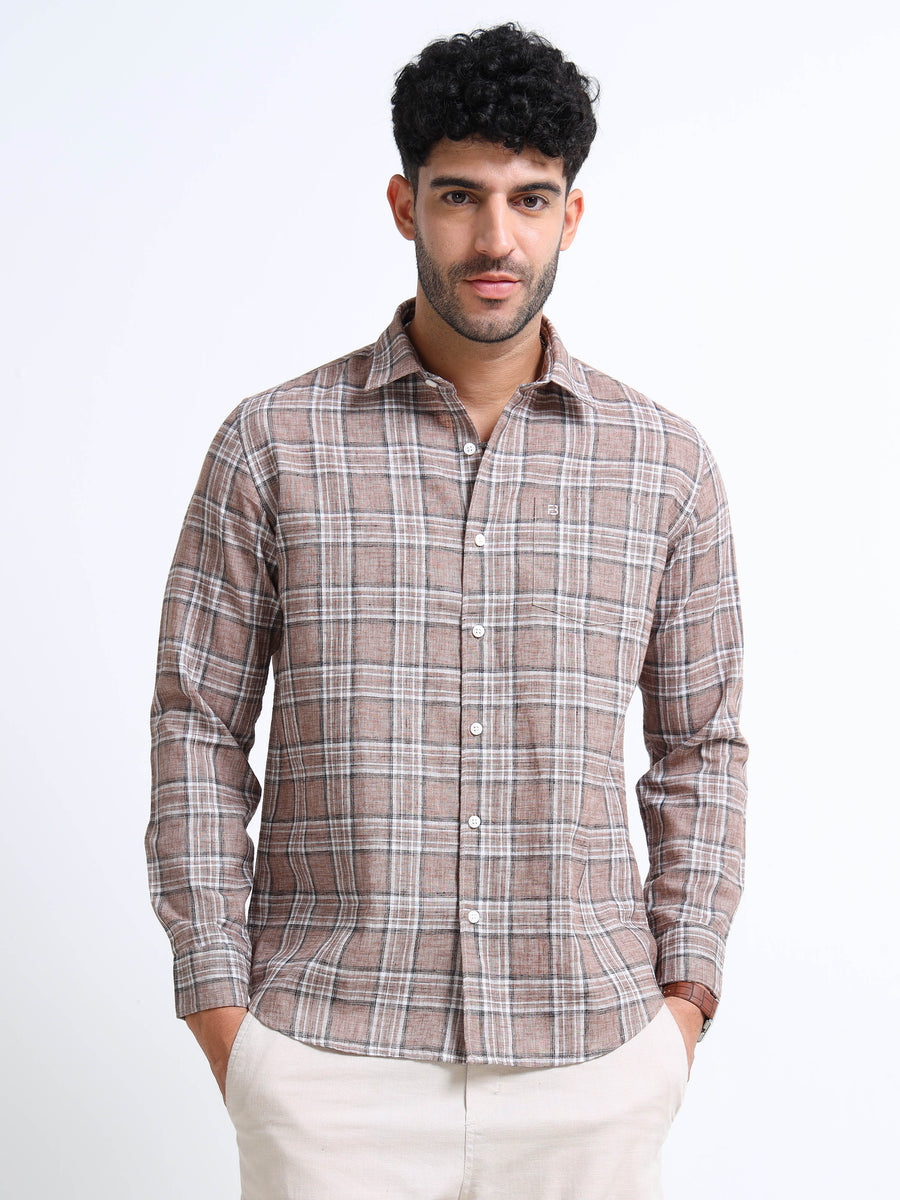 Coffee Checks Italian Cotton Linen Blend Shirt