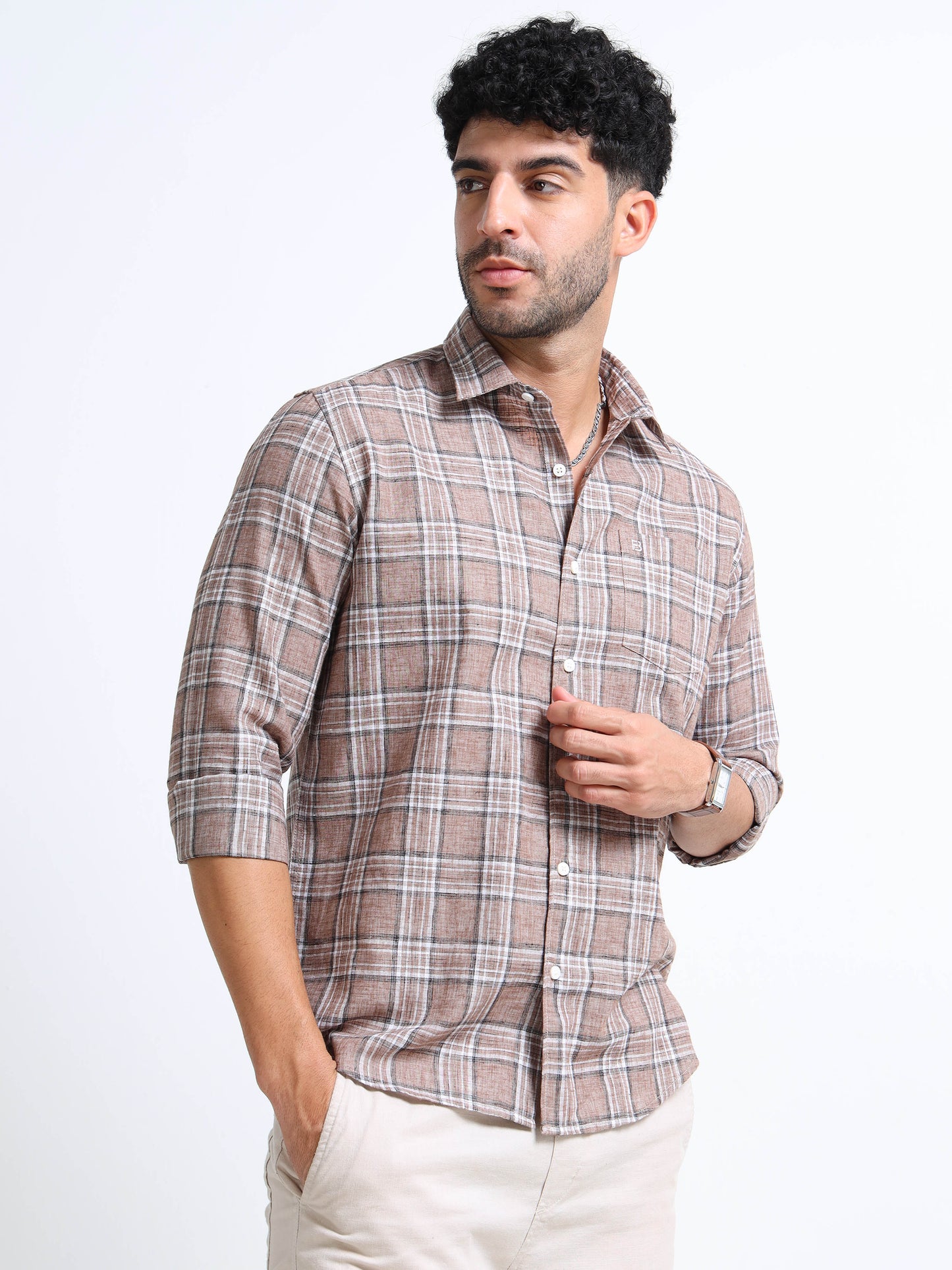 Coffee Checks Italian Cotton Linen Blend Shirt