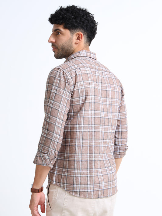 Coffee Checks Italian Cotton Linen Blend Shirt