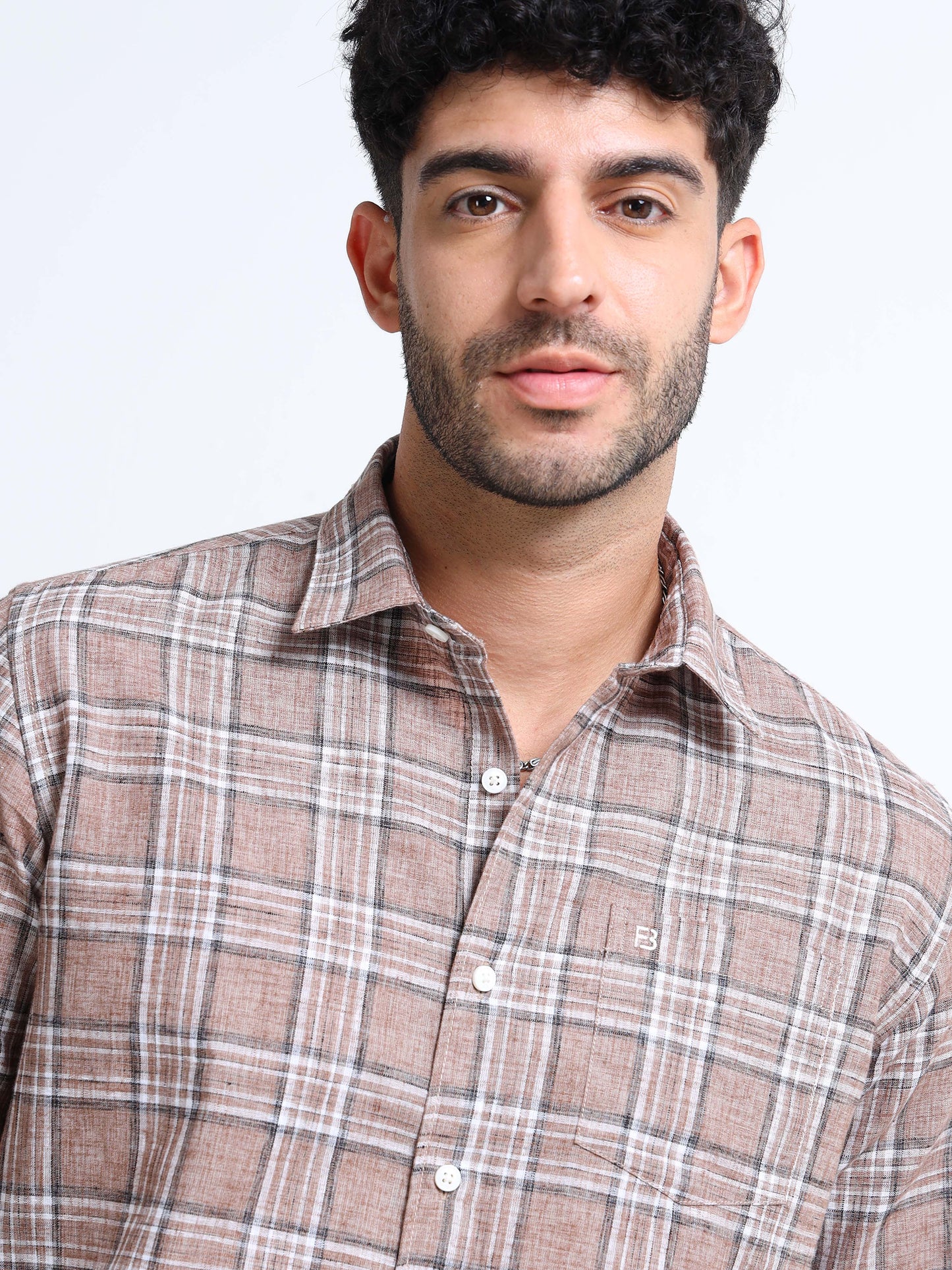 Coffee Checks Italian Cotton Linen Blend Shirt