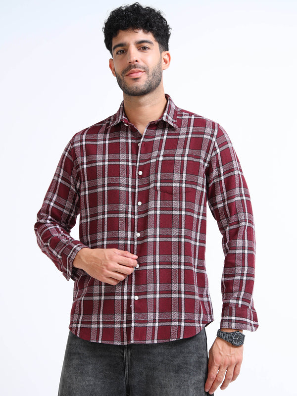 Dark Red Moss Checks Cotton Blend Shirt
