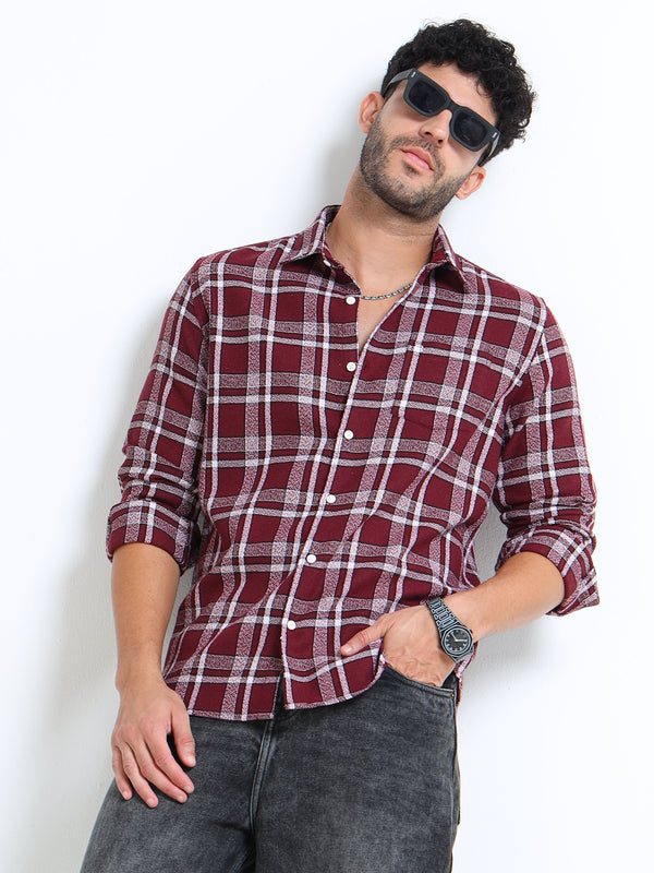 Dark Red Moss Checks Cotton Blend Shirt