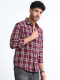 Dark Red Moss Checks Cotton Blend Shirt