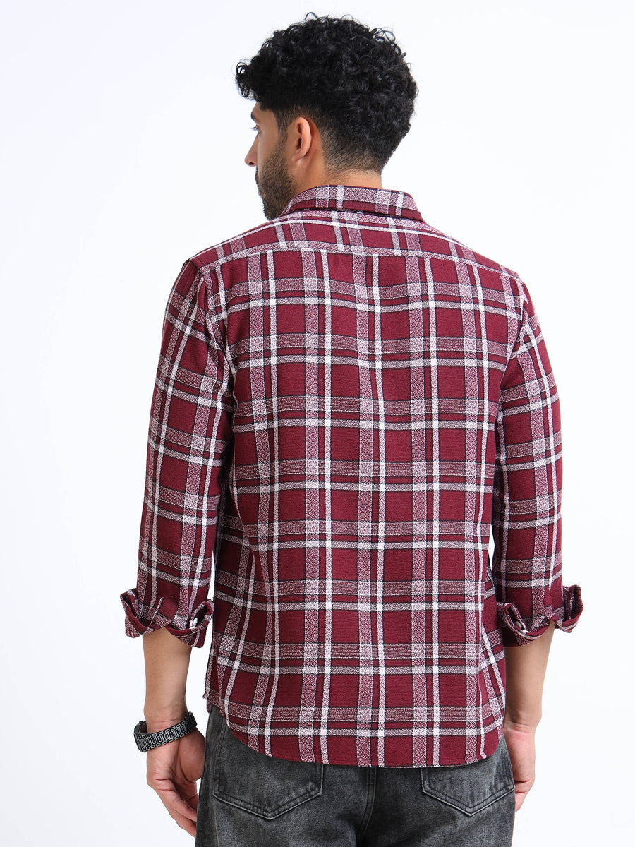Dark Red Moss Checks Cotton Blend Shirt