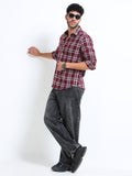 Dark Red Moss Checks Cotton Blend Shirt
