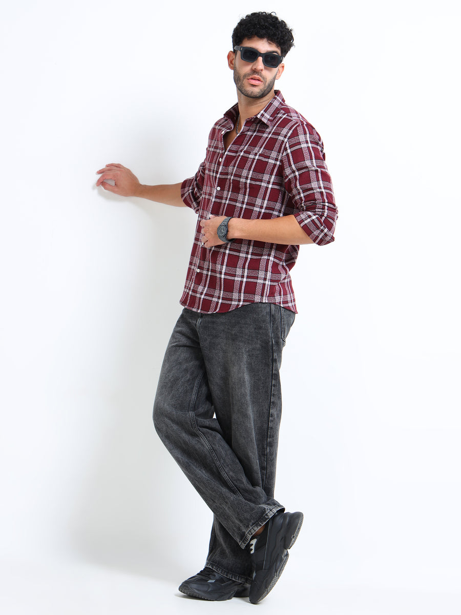Dark Red Moss Checks Cotton Blend Shirt
