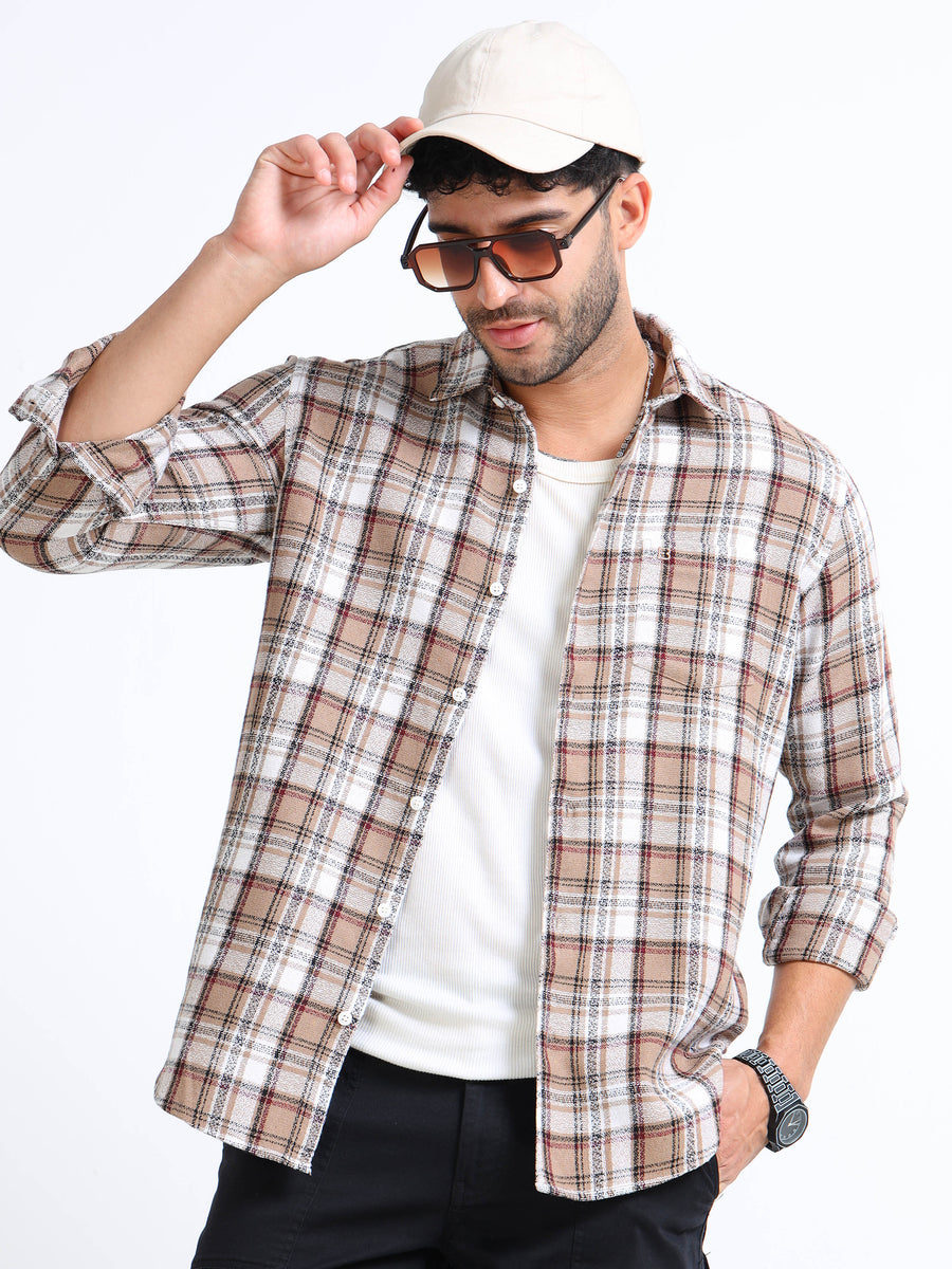 Peanut Moss Checks Cotton Blend Shirt