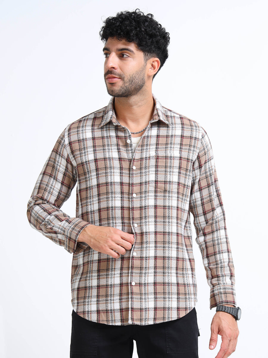 Peanut Moss Checks Cotton Blend Shirt