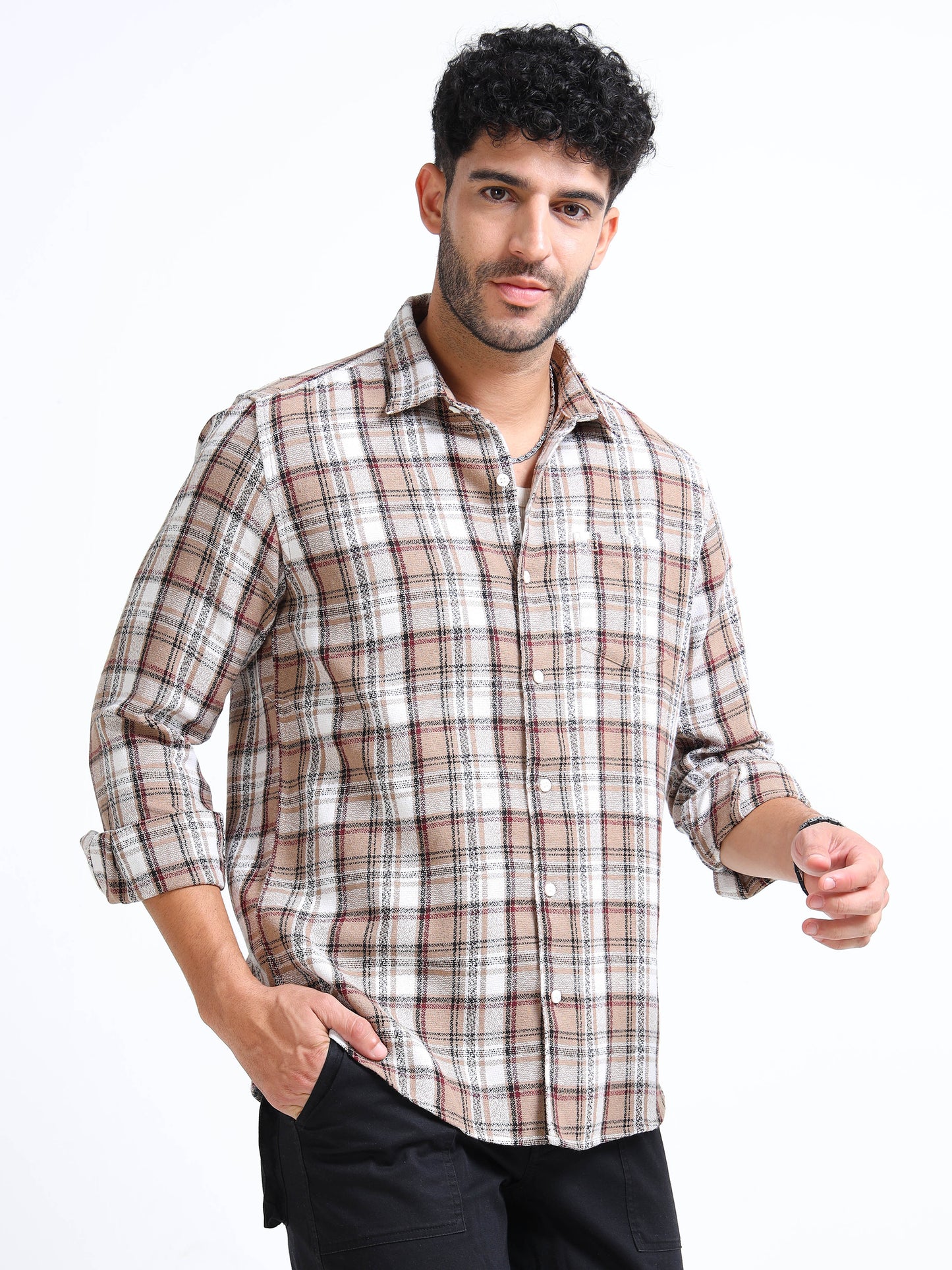 Peanut Moss Checks Cotton Blend Shirt