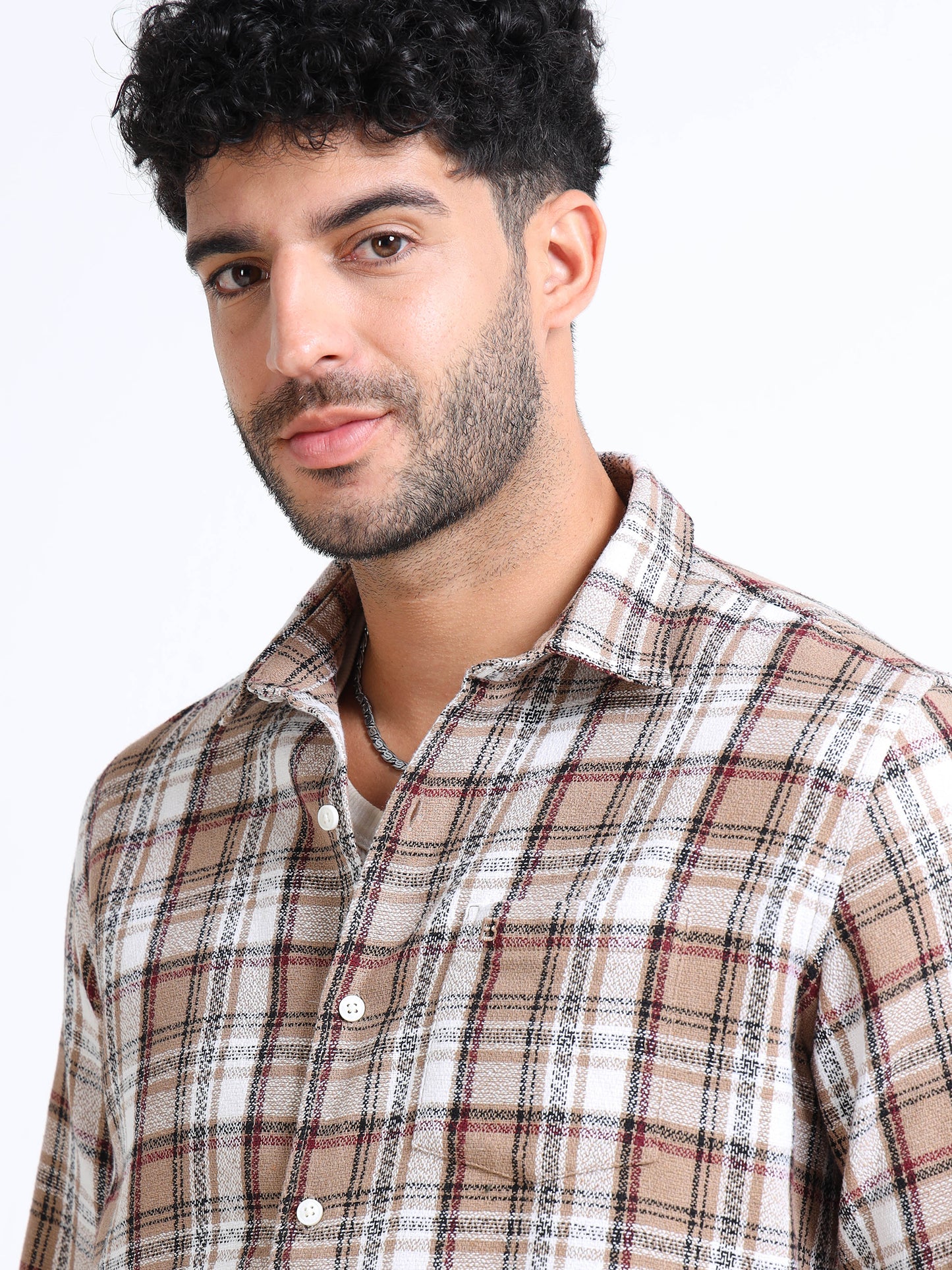 Peanut Moss Checks Cotton Blend Shirt