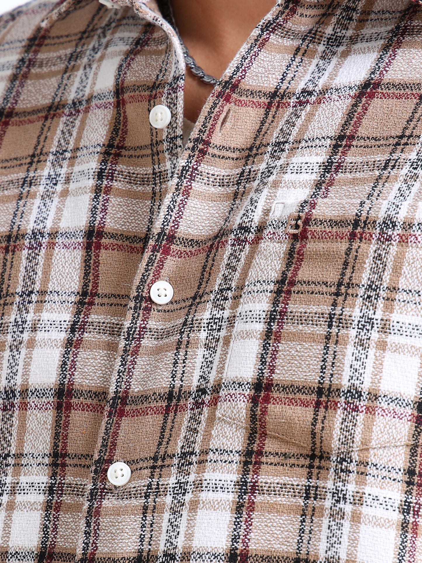 Peanut Moss Checks Cotton Blend Shirt