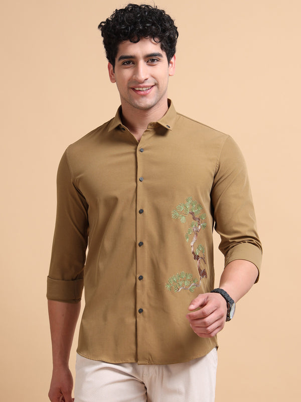 Men’s Khaki Cotton Blend Full Hand Embroidered Shirt – Premium Casual Wear