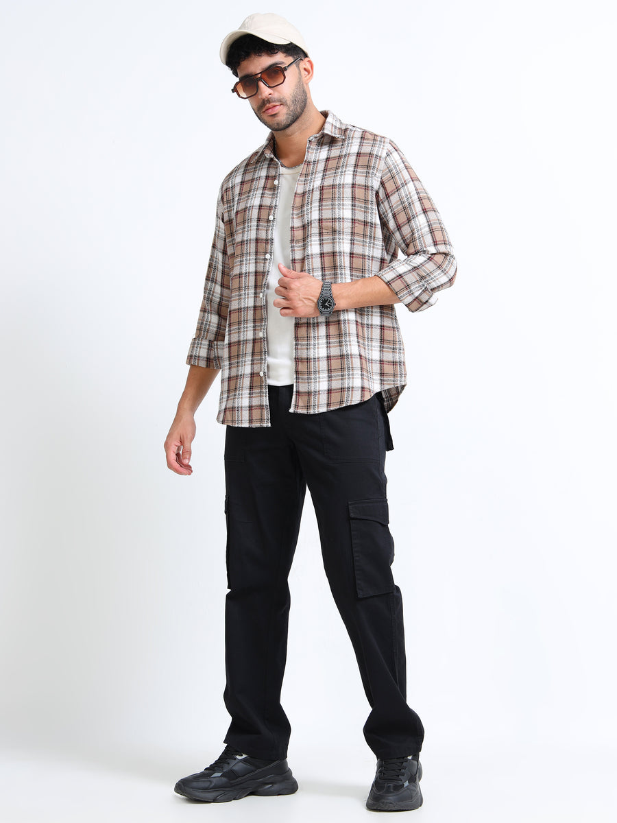 Peanut Moss Checks Cotton Blend Shirt