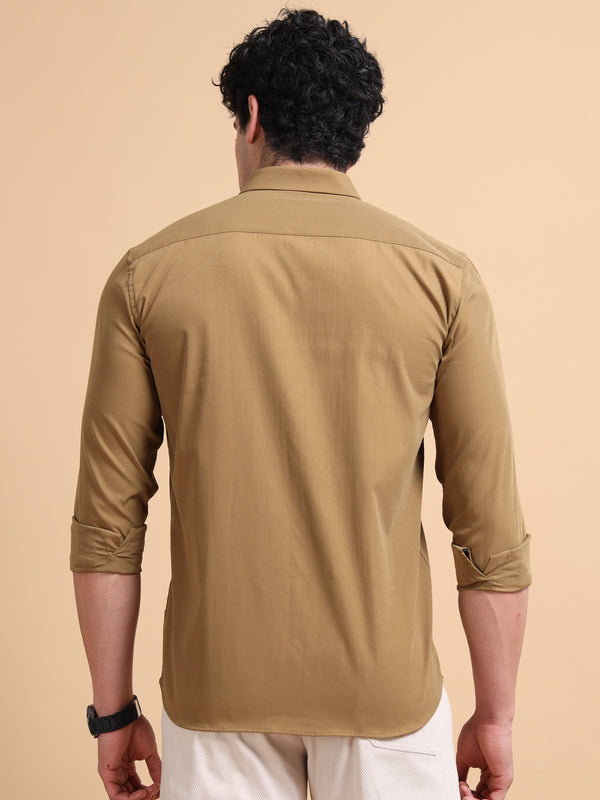 Men’s Khaki Cotton Blend Full Hand Embroidered Shirt – Premium Casual Wear