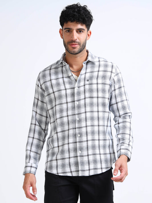 Pearl White Moss Checks Cotton Blend Shirt