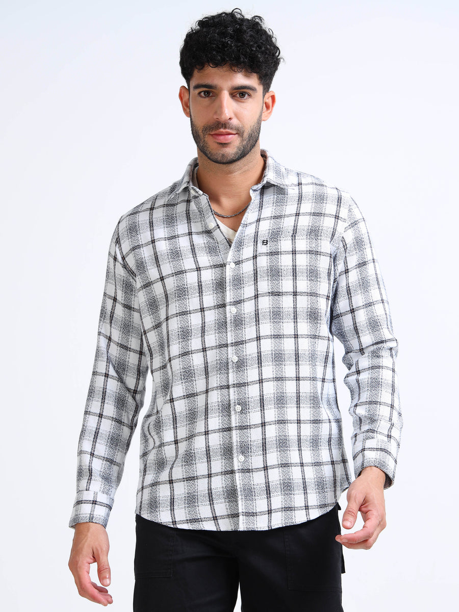 Pearl White Moss Checks Cotton Blend Shirt