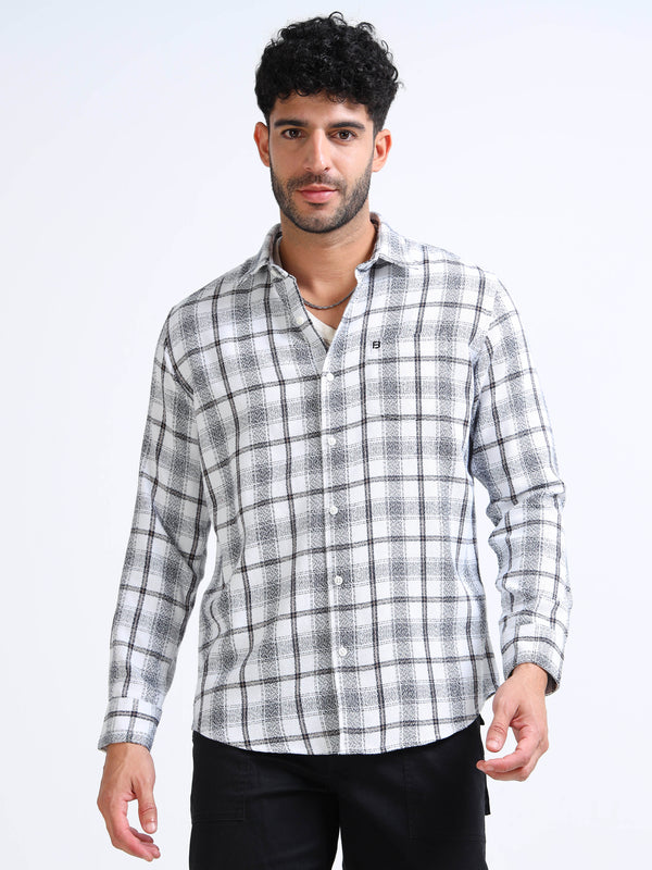 Pearl White Moss Checks Cotton Blend Shirt