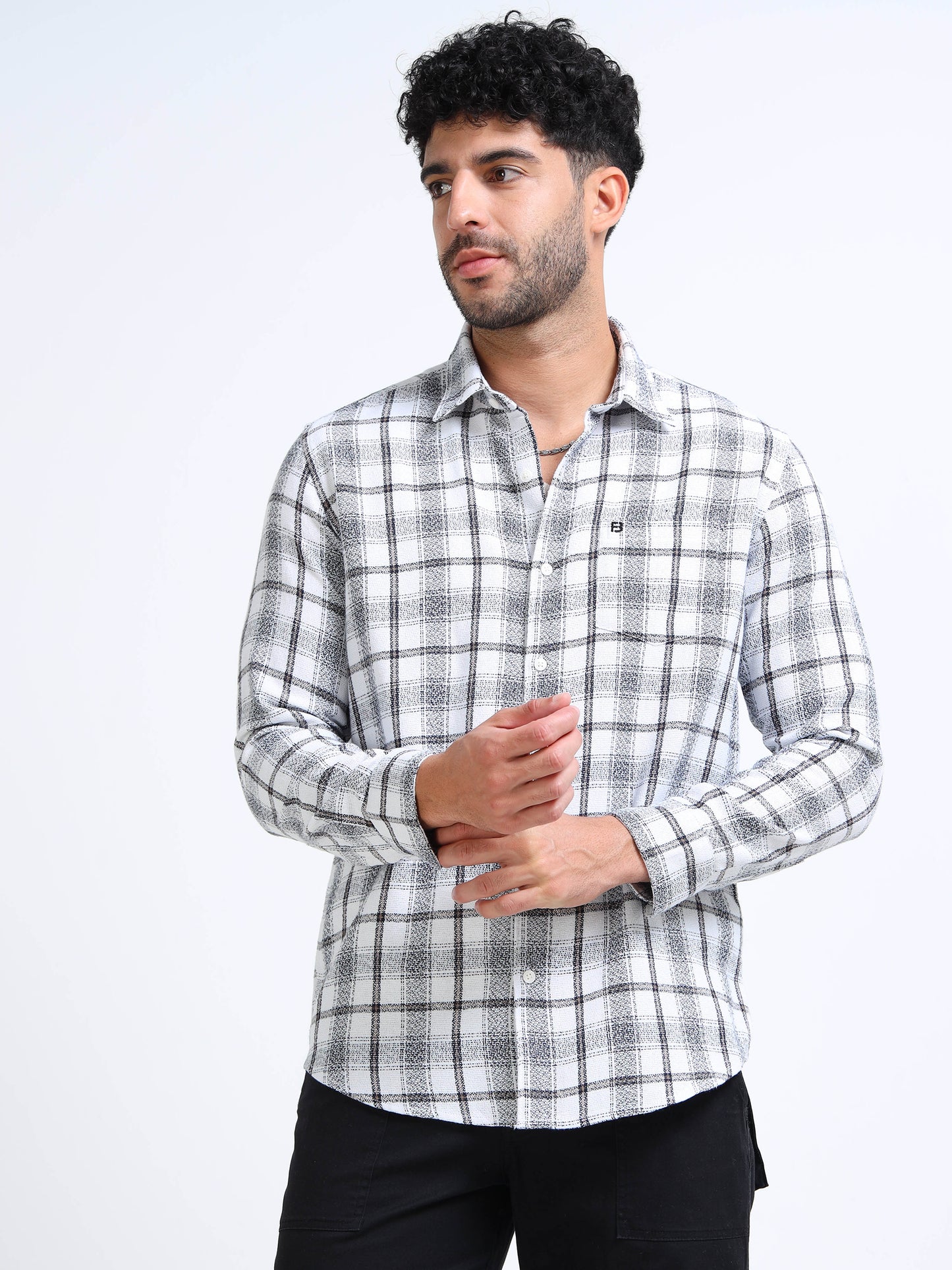 Pearl White Moss Checks Cotton Blend Shirt