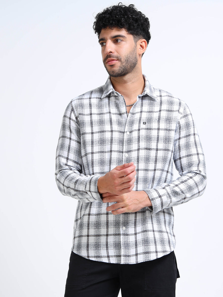Pearl White Moss Checks Cotton Blend Shirt