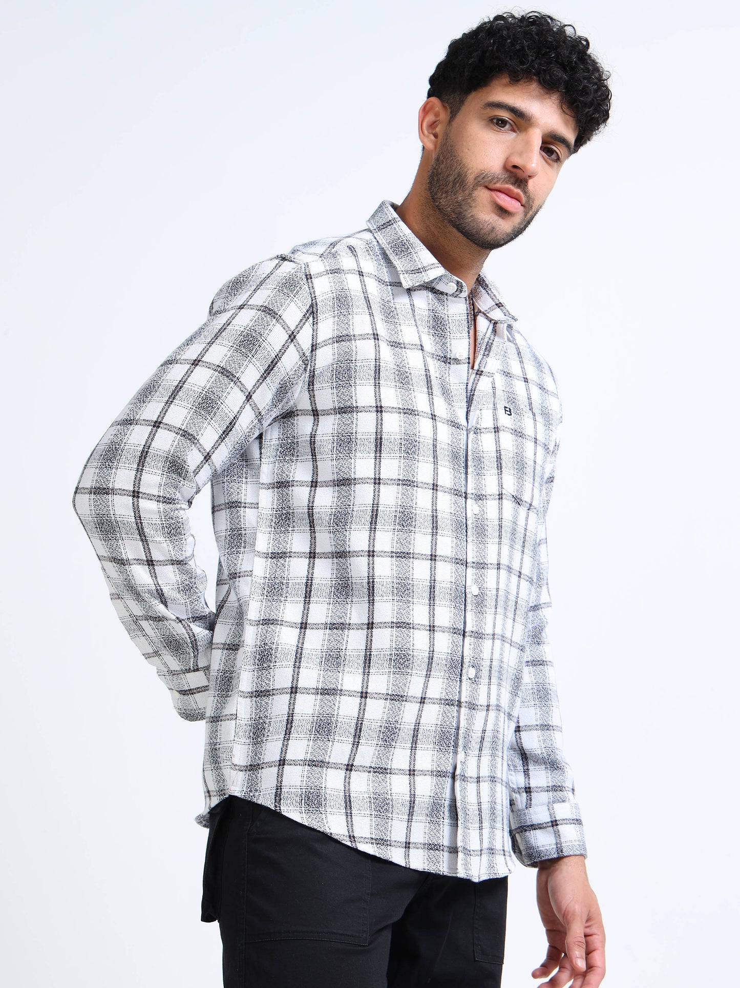 Pearl White Moss Checks Cotton Blend Shirt