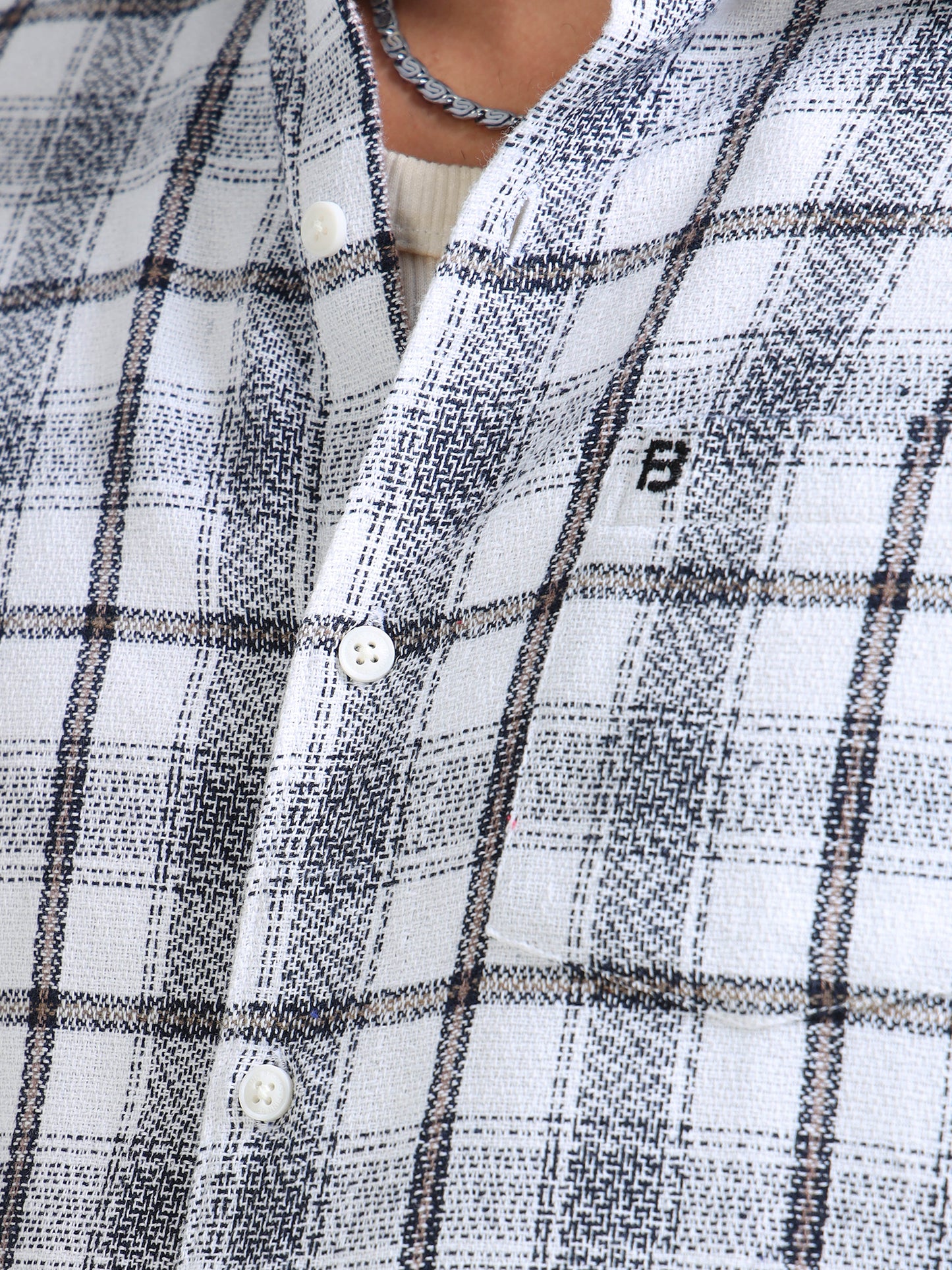 Pearl White Moss Checks Cotton Blend Shirt