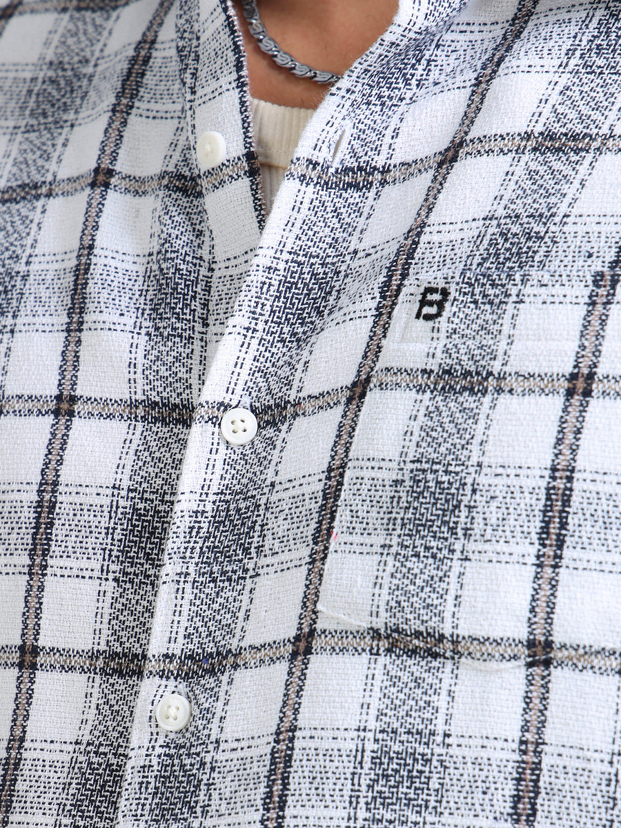 Pearl White Moss Checks Cotton Blend Shirt