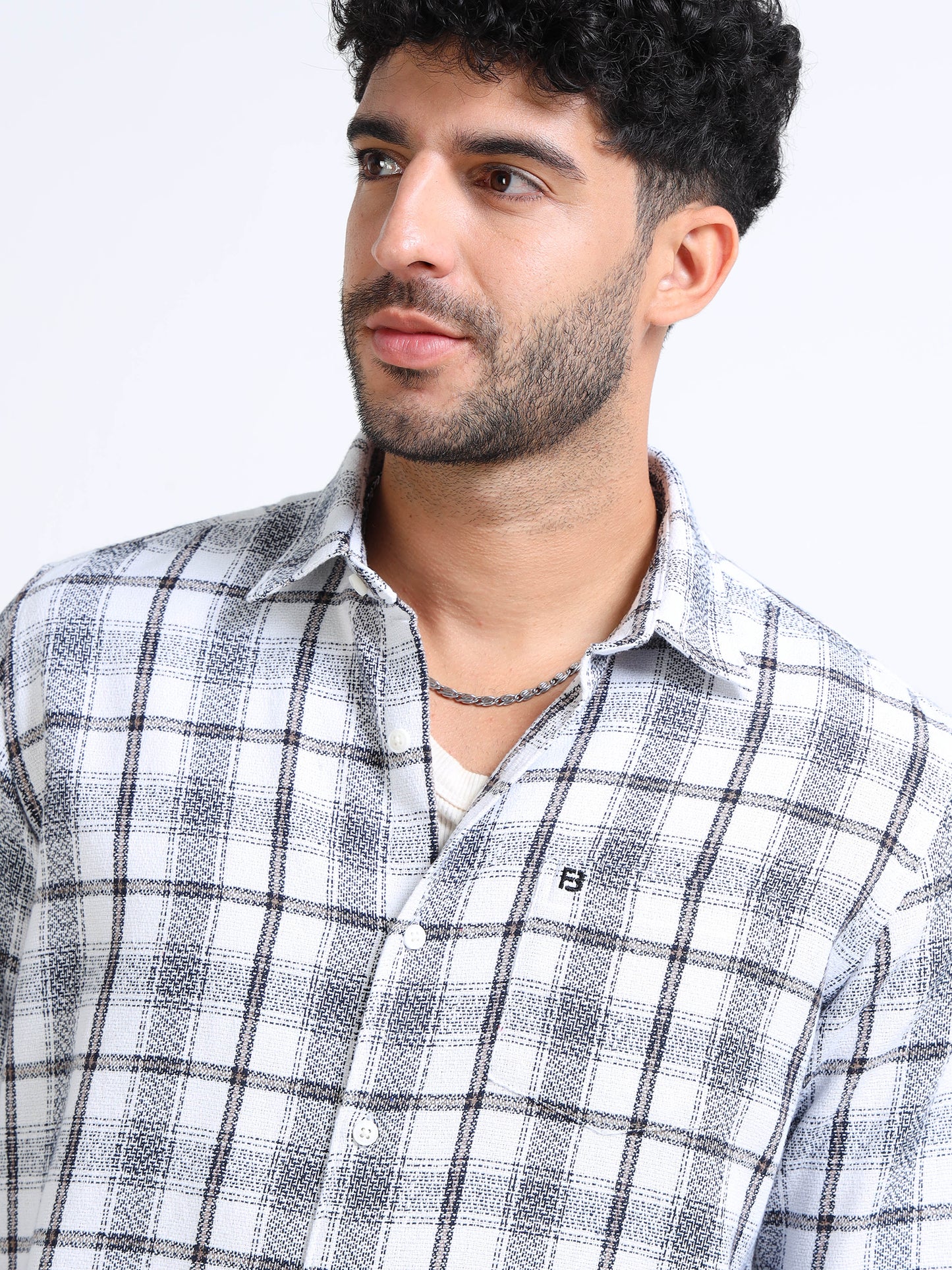 Pearl White Moss Checks Cotton Blend Shirt
