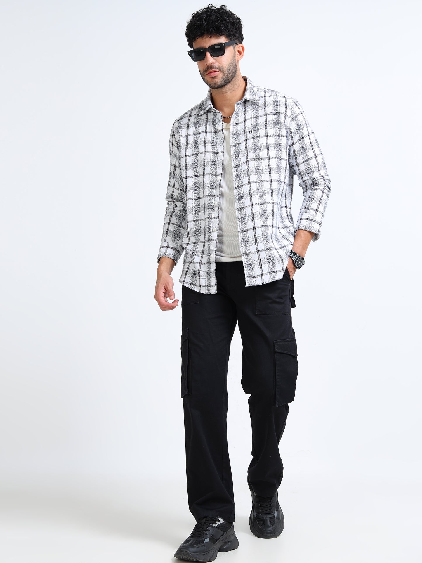 Pearl White Moss Checks Cotton Blend Shirt