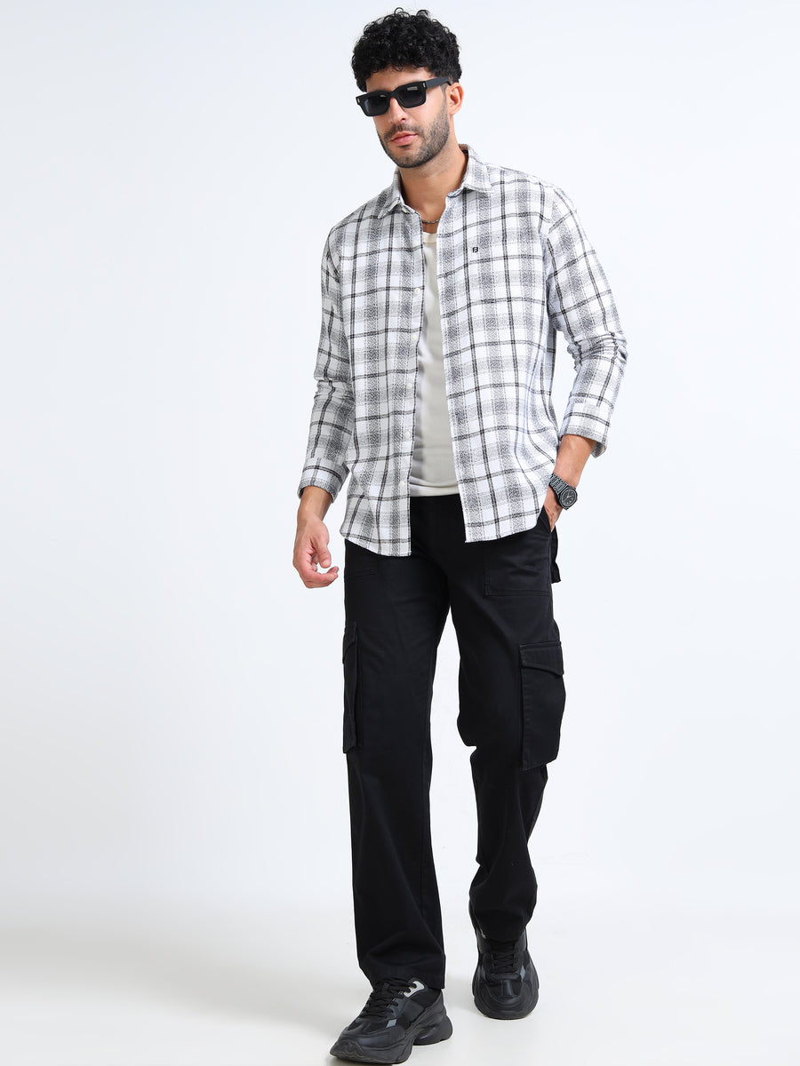 Pearl White Moss Checks Cotton Blend Shirt