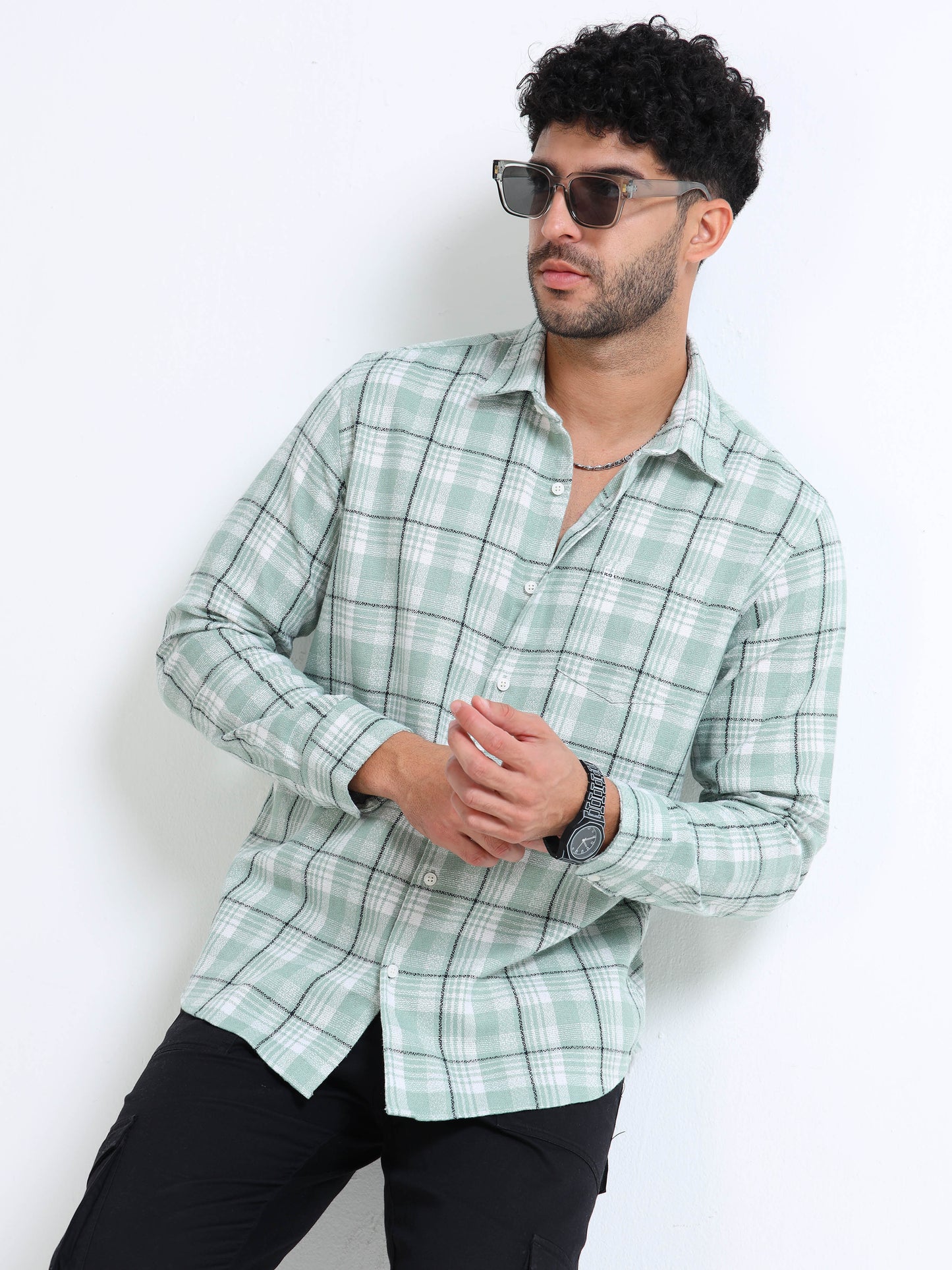 Green Checks Moss Cotton Blend Shirt