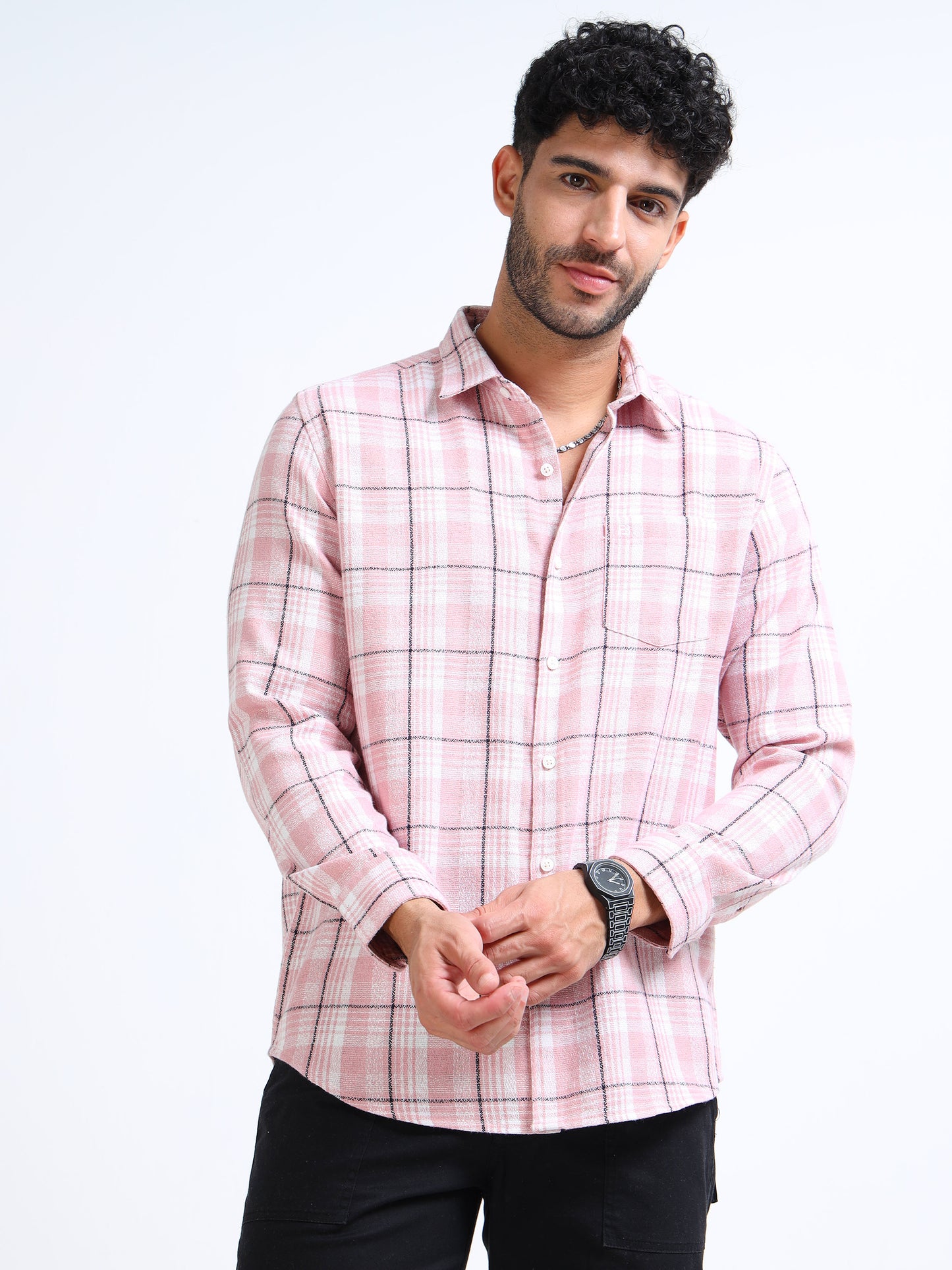 Pink Checks Moss Cotton Blend Shirt