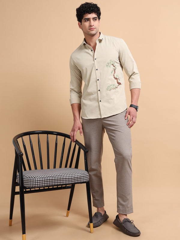 Men's Cream Cotton Blend Full Hand Embroidered Shirt – Premium Casual Wear