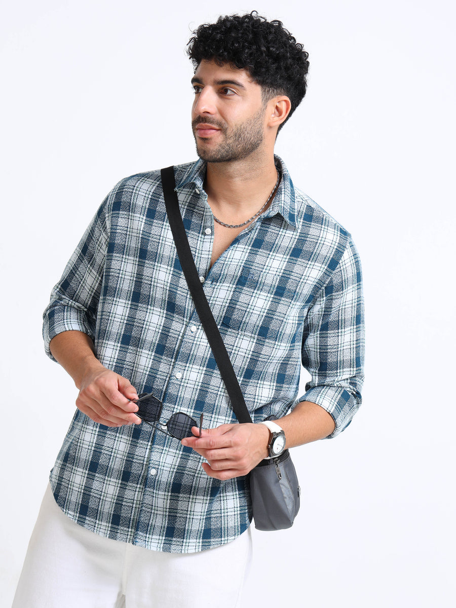 Dark Blue Moss Checks Cotton Blend Shirt