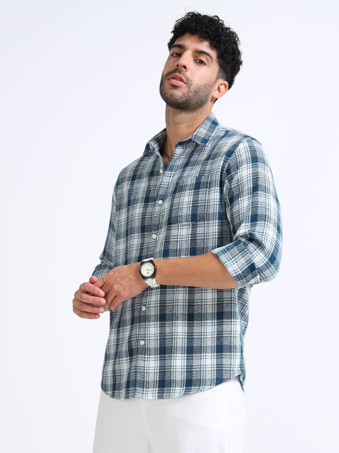 Dark Blue Moss Checks Cotton Blend Shirt