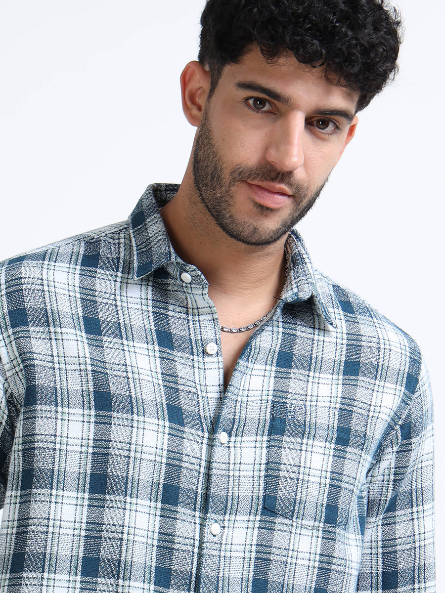 Dark Blue Moss Checks Cotton Blend Shirt